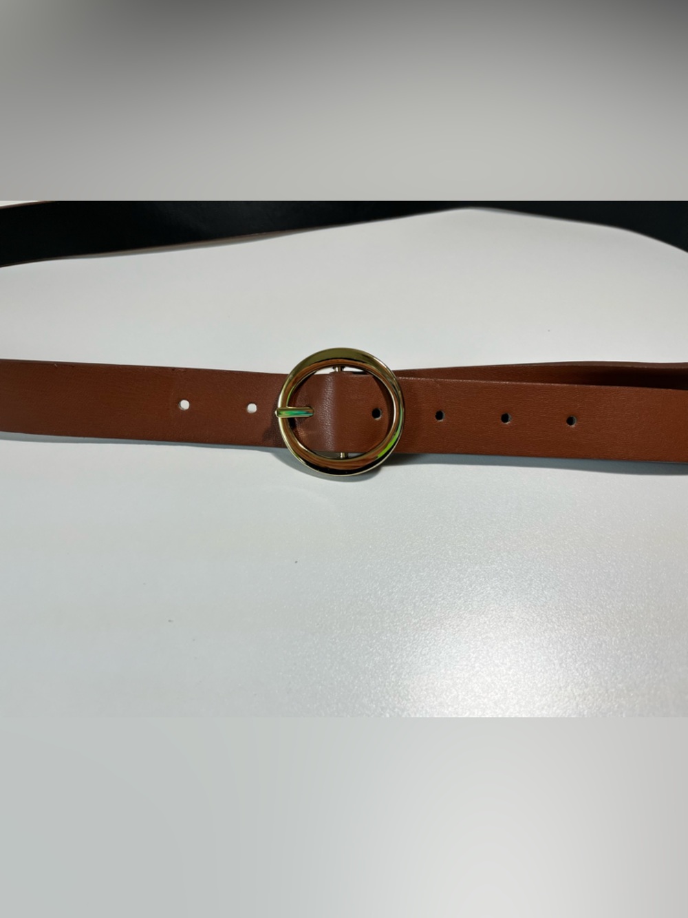 Brown Faux Leather Belt with Gold Round Buckle Women XL